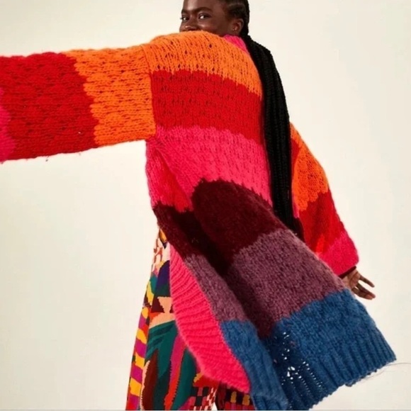 Farm Rio Striped Multi Color Electric Cardigan Wool Blend Cozy Chunky Knit XS - Picture 1 of 15